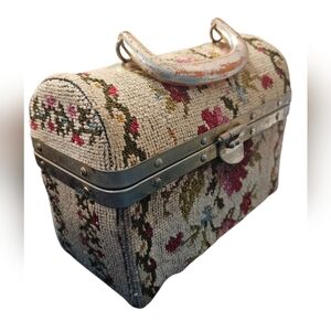 Rare Find Vintage Floral Tapestry Box Handbag Purse Top Handle Made In Italy